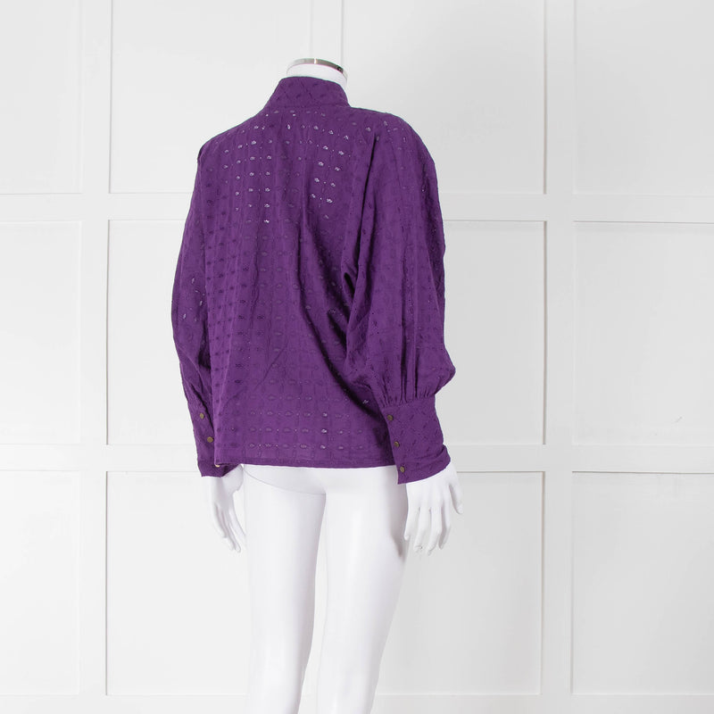 Six Soeurs Purple Broderie High Neck Blouse