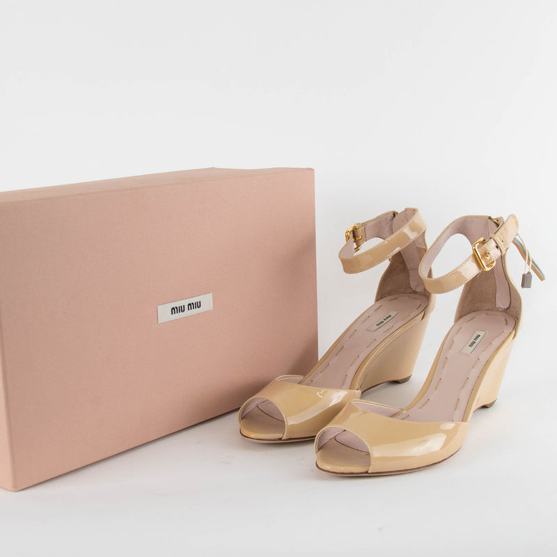 Miu Miu Beige Patent Wedge Sandals
