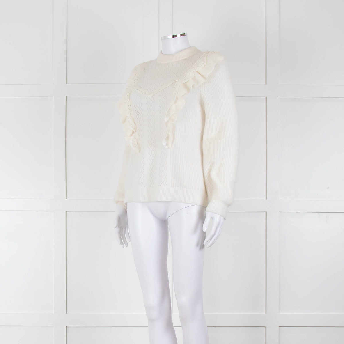 Sezane Cream Frill Lace Front Detail Jumper