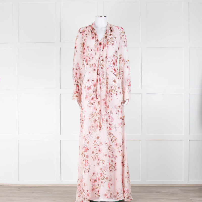 Giambattista Valli Pale Pink Floral Maxi Dress with Tie Neck