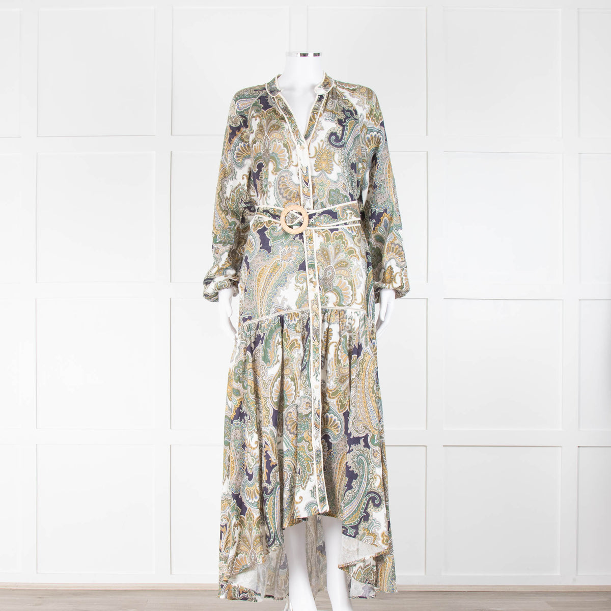 Veronica Beard Green Blue Paisley Maxi Linen Dress with Belt