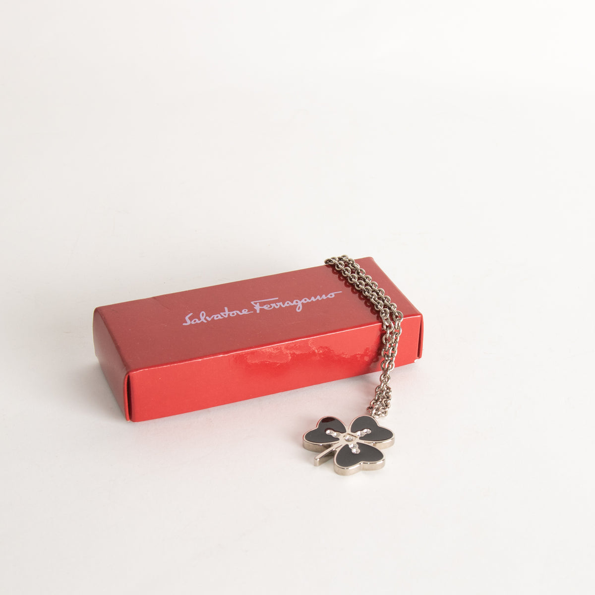 Salvatore Ferragamo Silver Black Clover Necklace