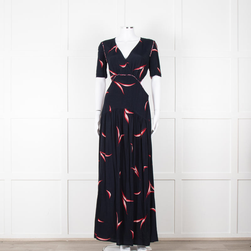 Ba&sh Navy Red Cut Out Short Sleeve Maxi Dress