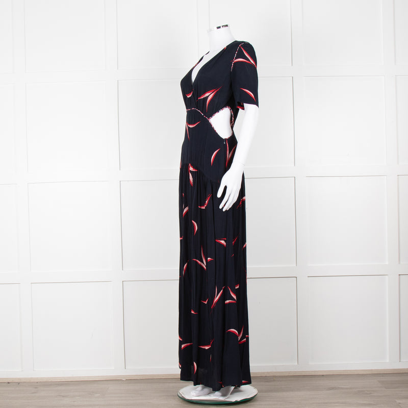 Ba&sh Navy Red Cut Out Short Sleeve Maxi Dress