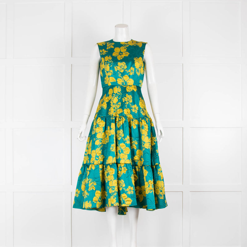 Carolina Herrera Green Yellow Floral Tiered Maxi Dress