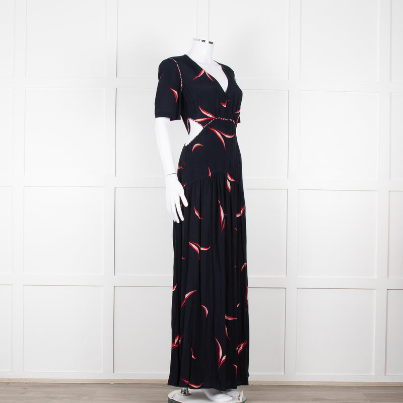 Ba&sh Navy Red Cut Out Short Sleeve Maxi Dress