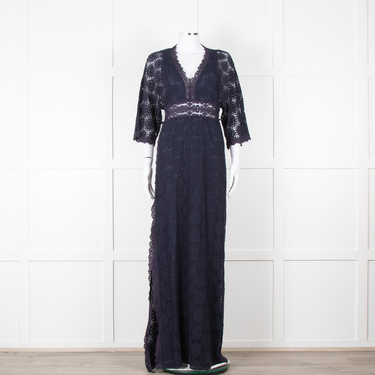 Ba&sh Navy Blue Crochet Short Sleeve Maxi Dress
