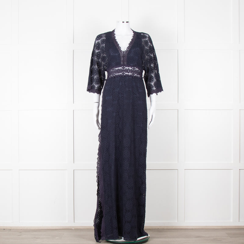 Ba&sh Navy Blue Crochet Short Sleeve Maxi Dress