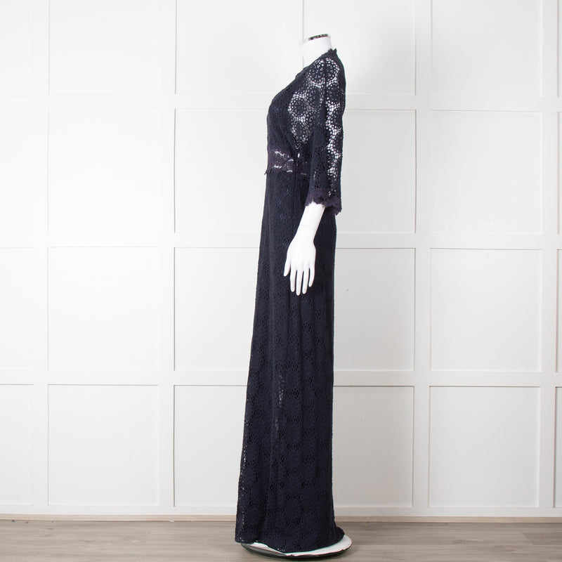 Ba&sh Navy Blue Crochet Short Sleeve Maxi Dress