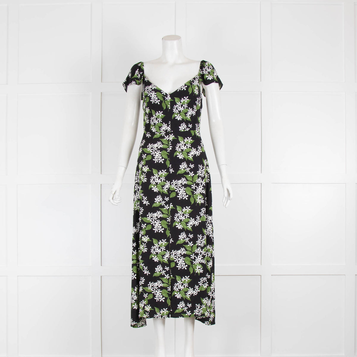 Reformation Baxley Green and Black Floral Dress