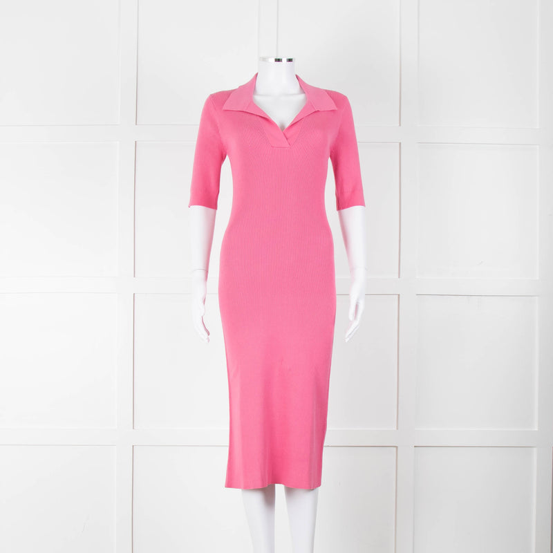 LK Bennett Bright Pink Rib Knit Fit and Flare Midi Dress