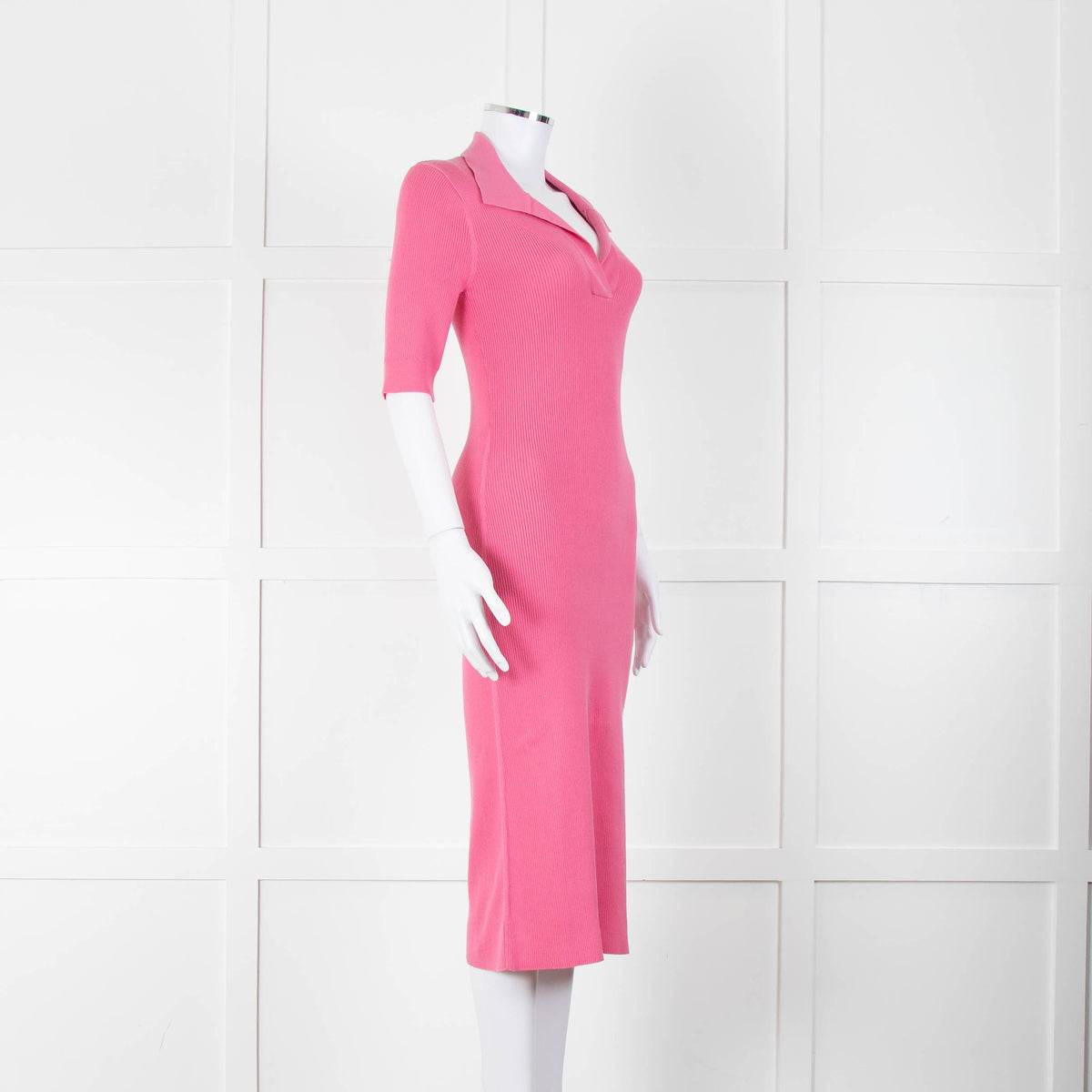 LK Bennett Bright Pink Rib Knit Fit and Flare Midi Dress