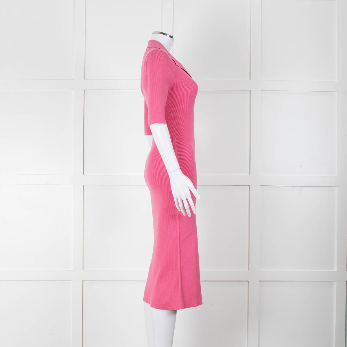 LK Bennett Bright Pink Rib Knit Fit and Flare Midi Dress