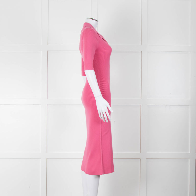 LK Bennett Bright Pink Rib Knit Fit and Flare Midi Dress