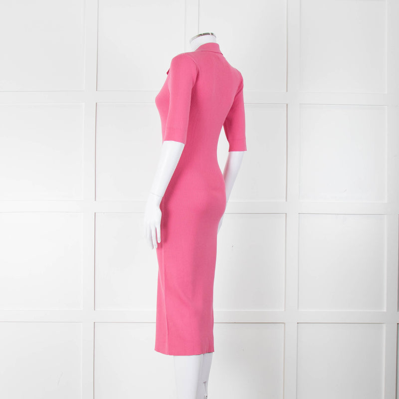 LK Bennett Bright Pink Rib Knit Fit and Flare Midi Dress
