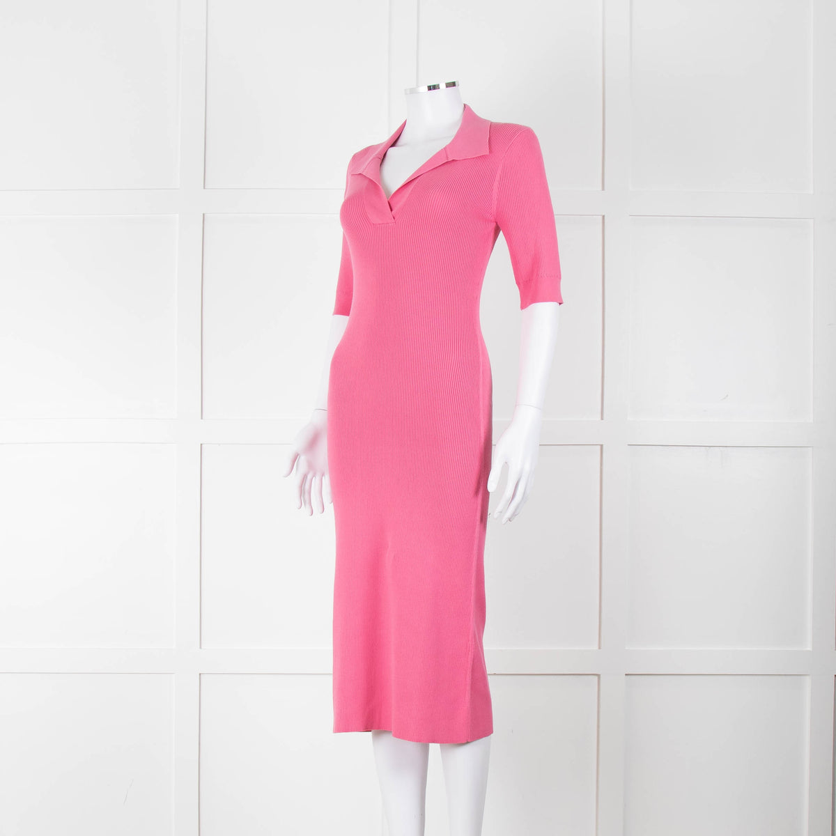 LK Bennett Bright Pink Rib Knit Fit and Flare Midi Dress