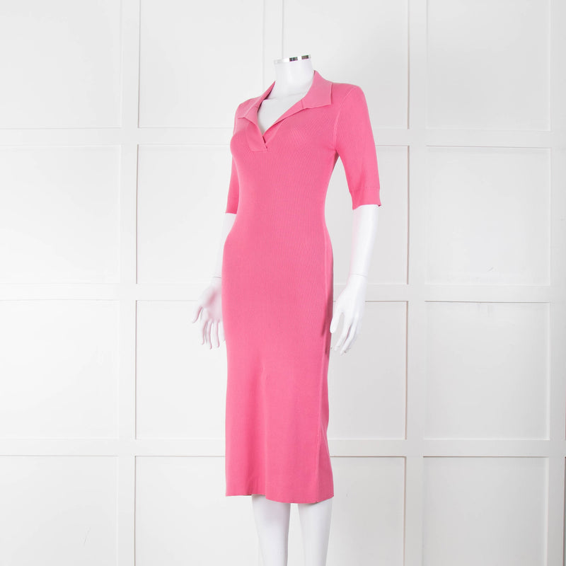LK Bennett Bright Pink Rib Knit Fit and Flare Midi Dress