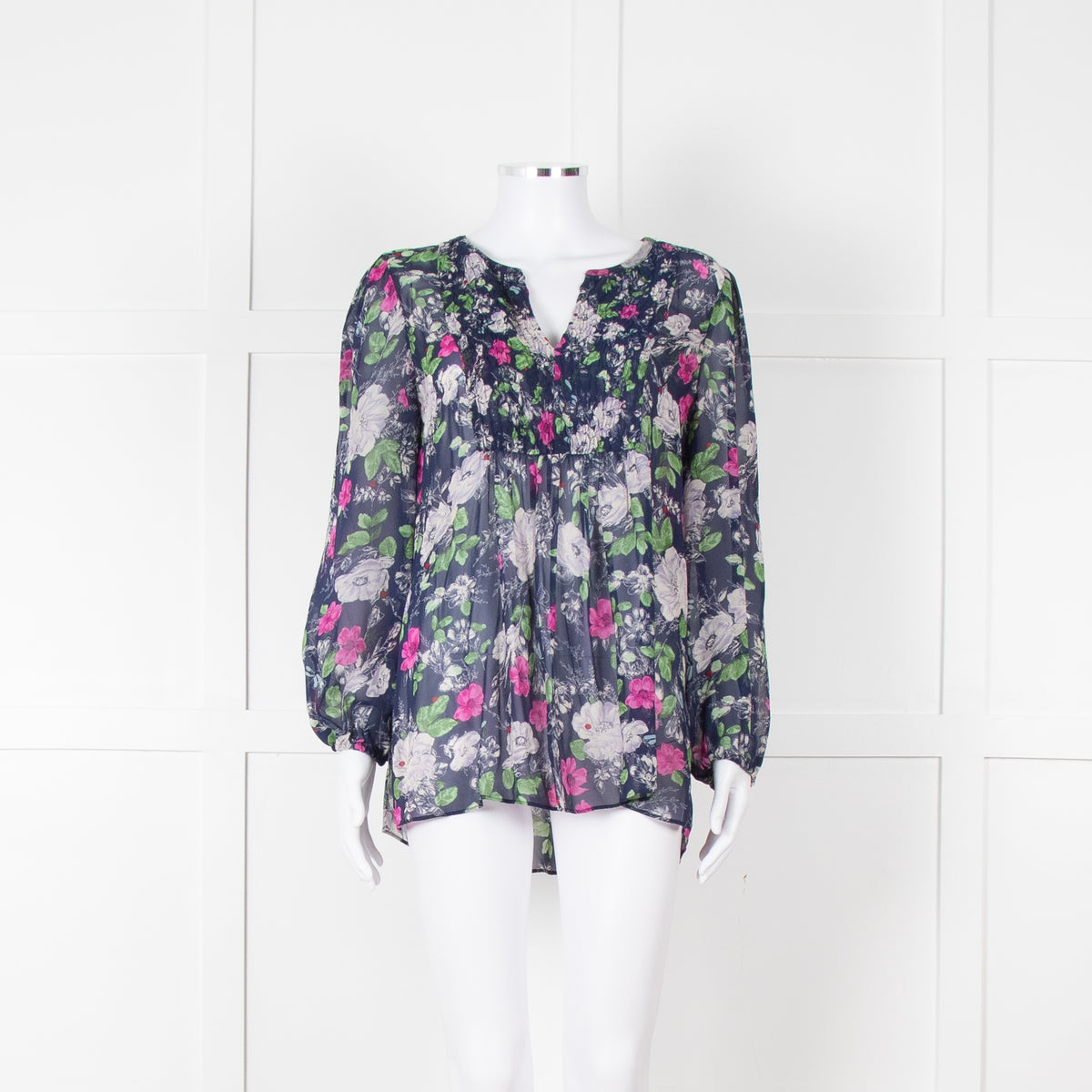 Joie Dark Blue White Pink Sheer Long Sleeve Top