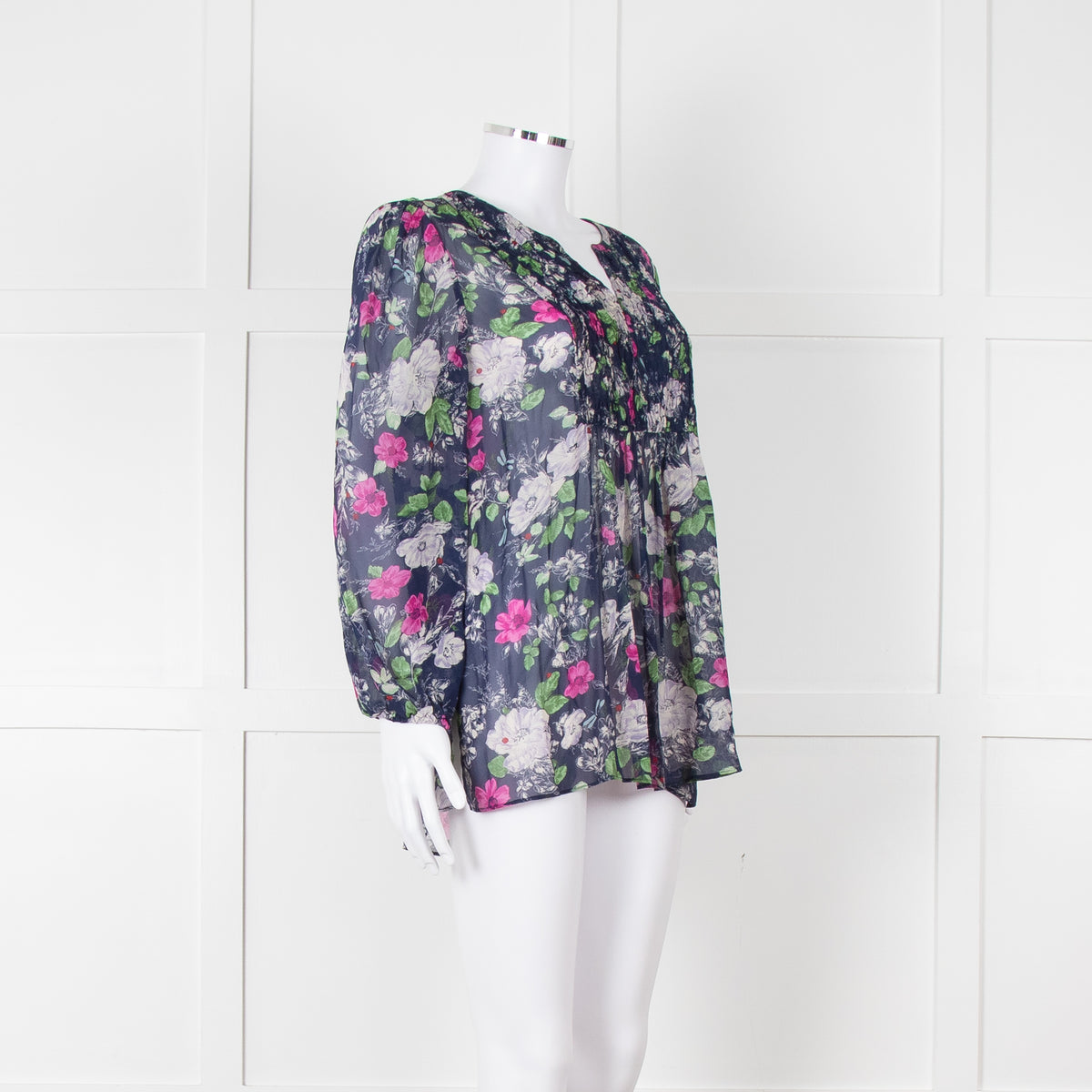 Joie Dark Blue White Pink Sheer Long Sleeve Top