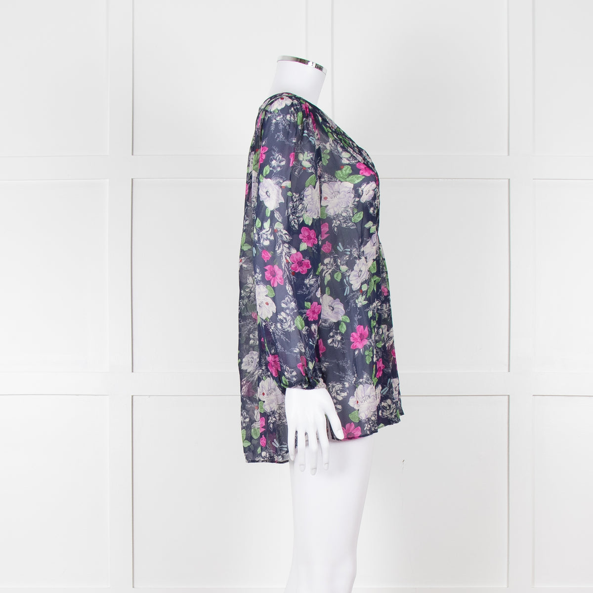 Joie Dark Blue White Pink Sheer Long Sleeve Top