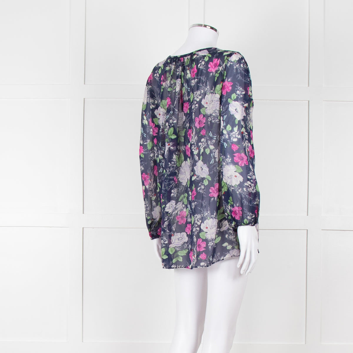 Joie Dark Blue White Pink Sheer Long Sleeve Top