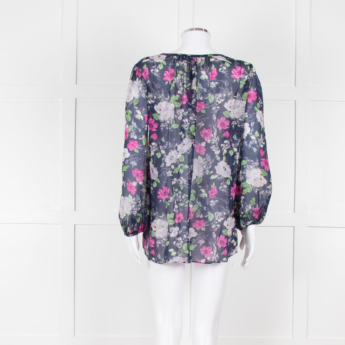 Joie Dark Blue White Pink Sheer Long Sleeve Top