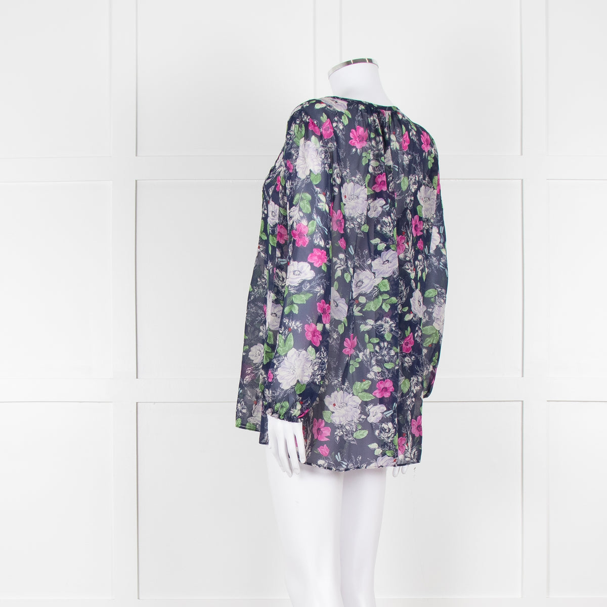 Joie Dark Blue White Pink Sheer Long Sleeve Top