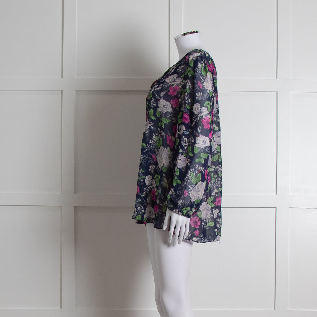 Joie Dark Blue White Pink Sheer Long Sleeve Top