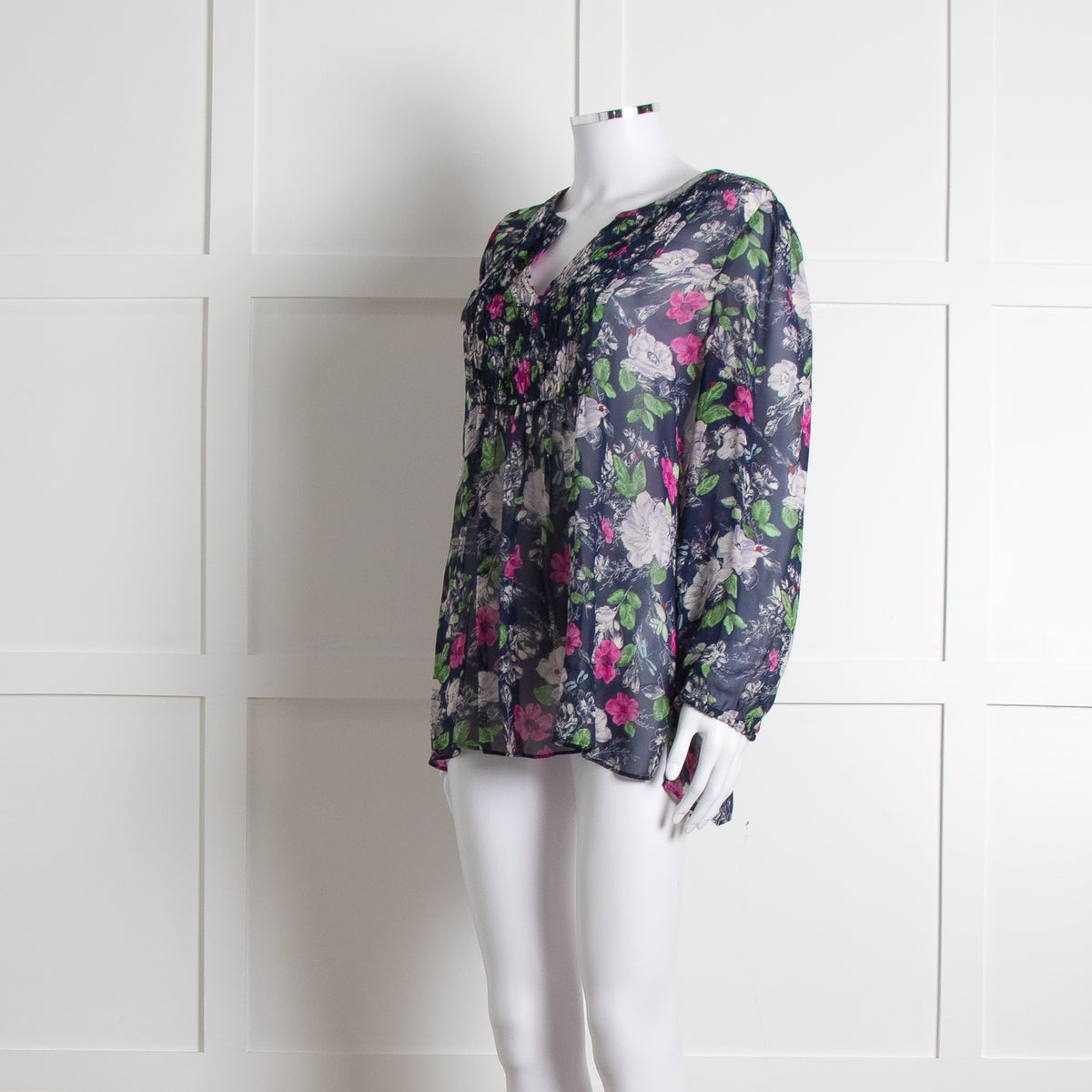 Joie Dark Blue White Pink Sheer Long Sleeve Top