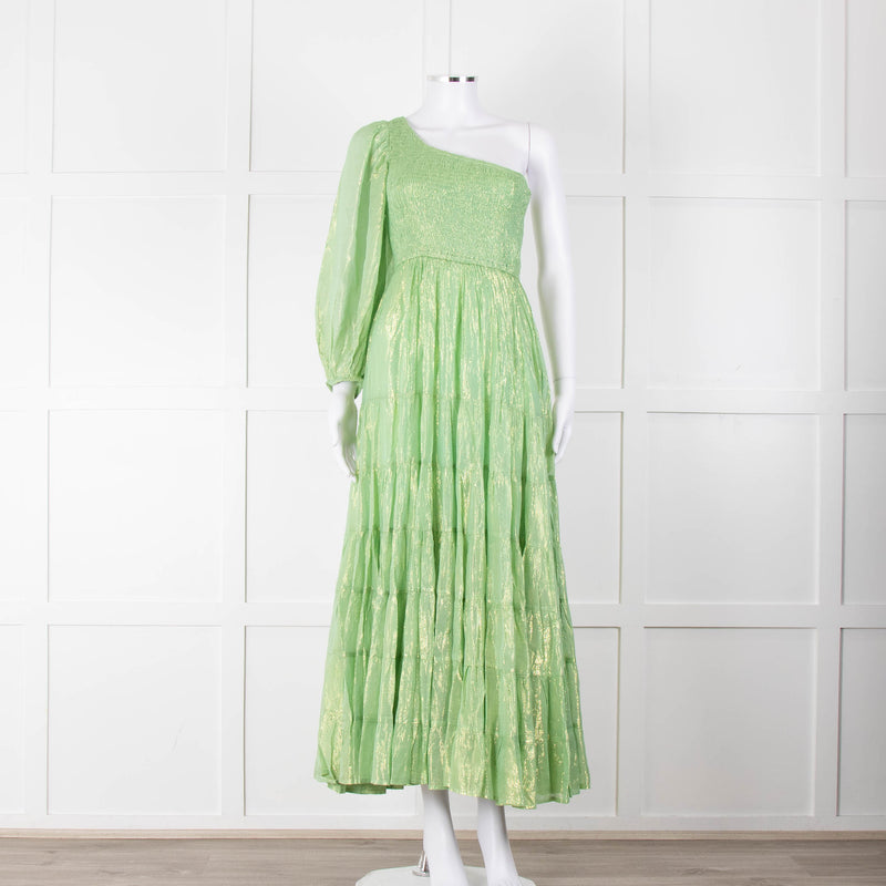 Sundress Green and Gold Lurex Smocked One Shoulder Maxi Dress