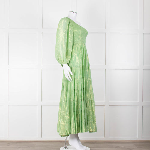 Sundress Green and Gold Lurex Smocked One Shoulder Maxi Dress