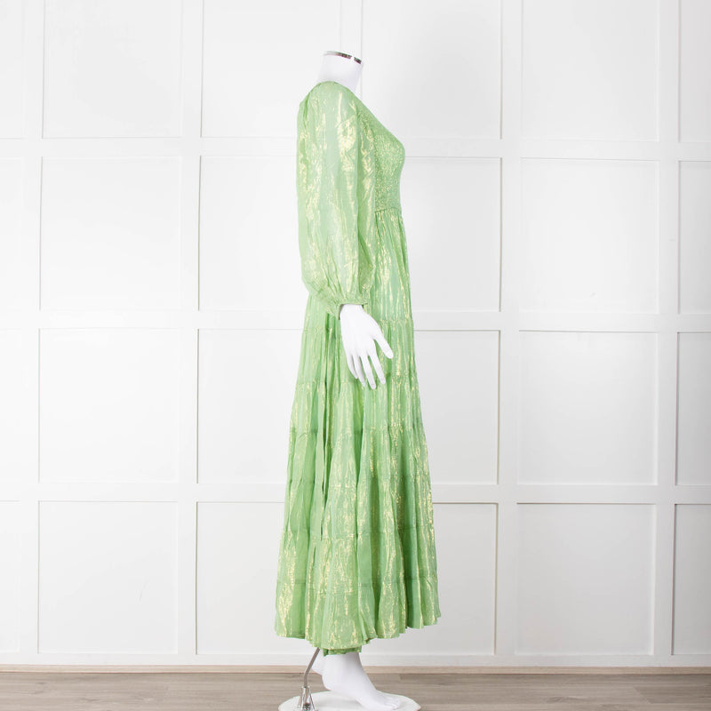 Sundress Green and Gold Lurex Smocked One Shoulder Maxi Dress