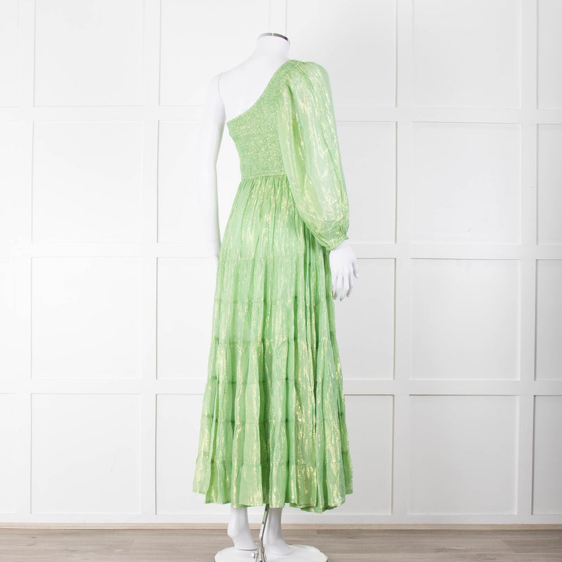 Sundress Green and Gold Lurex Smocked One Shoulder Maxi Dress