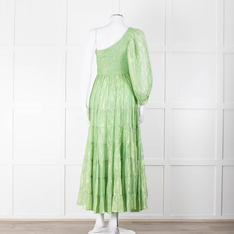 Sundress Green and Gold Lurex Smocked One Shoulder Maxi Dress