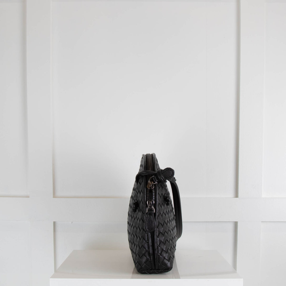 Woven Black Leather Cross Body Bag