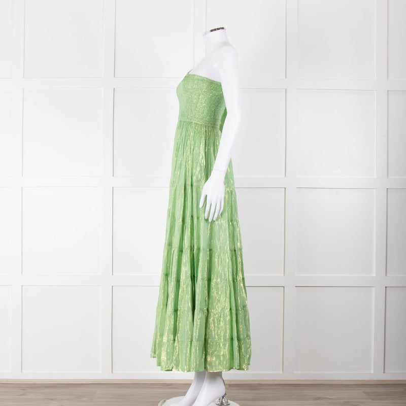 Sundress Green and Gold Lurex Smocked One Shoulder Maxi Dress