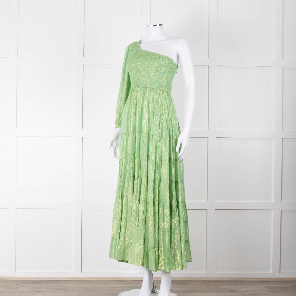 Sundress Green and Gold Lurex Smocked One Shoulder Maxi Dress
