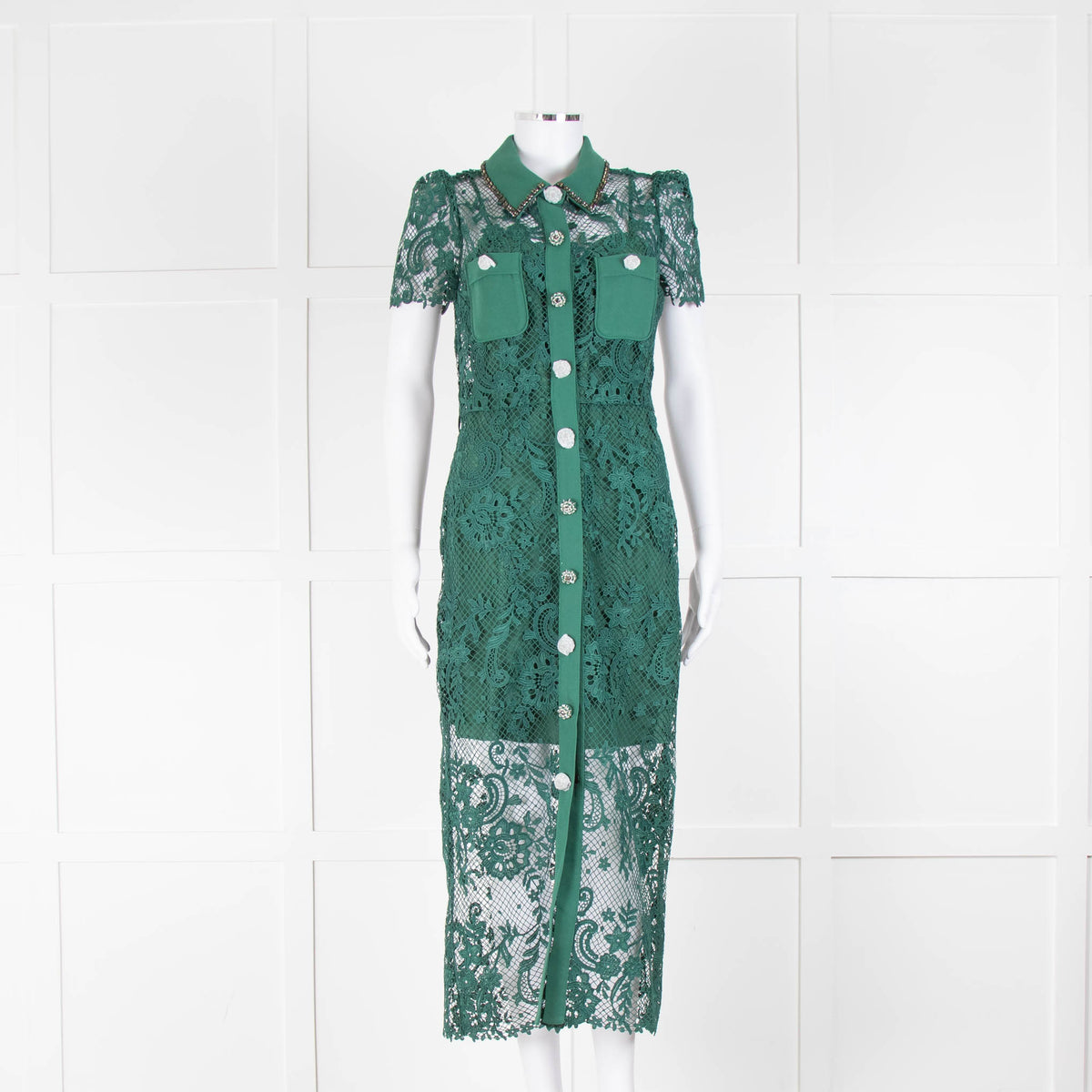 Self-Portrait Green Lace Collared Midi Dress with Jewelled Buttons –  Phoenix Style