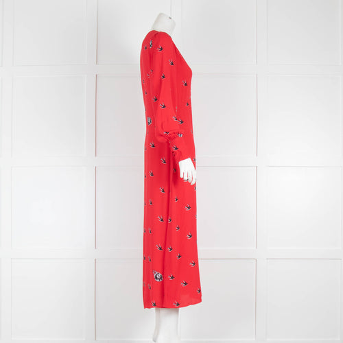 McQ Red Swallow Print Midi Dress