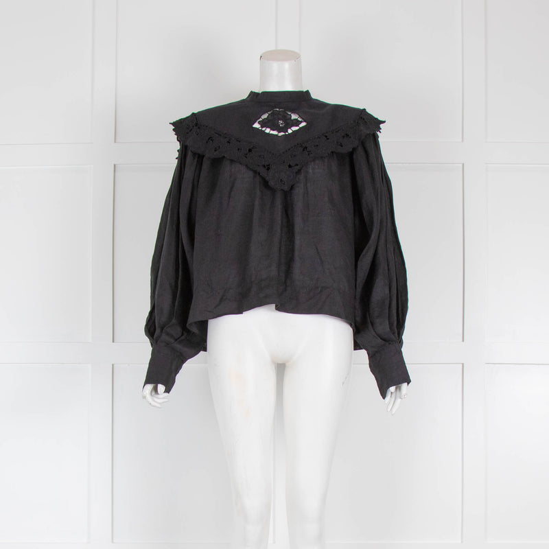 Isabel Marant Etoile Black Linen Lace Trimmed Blouse
