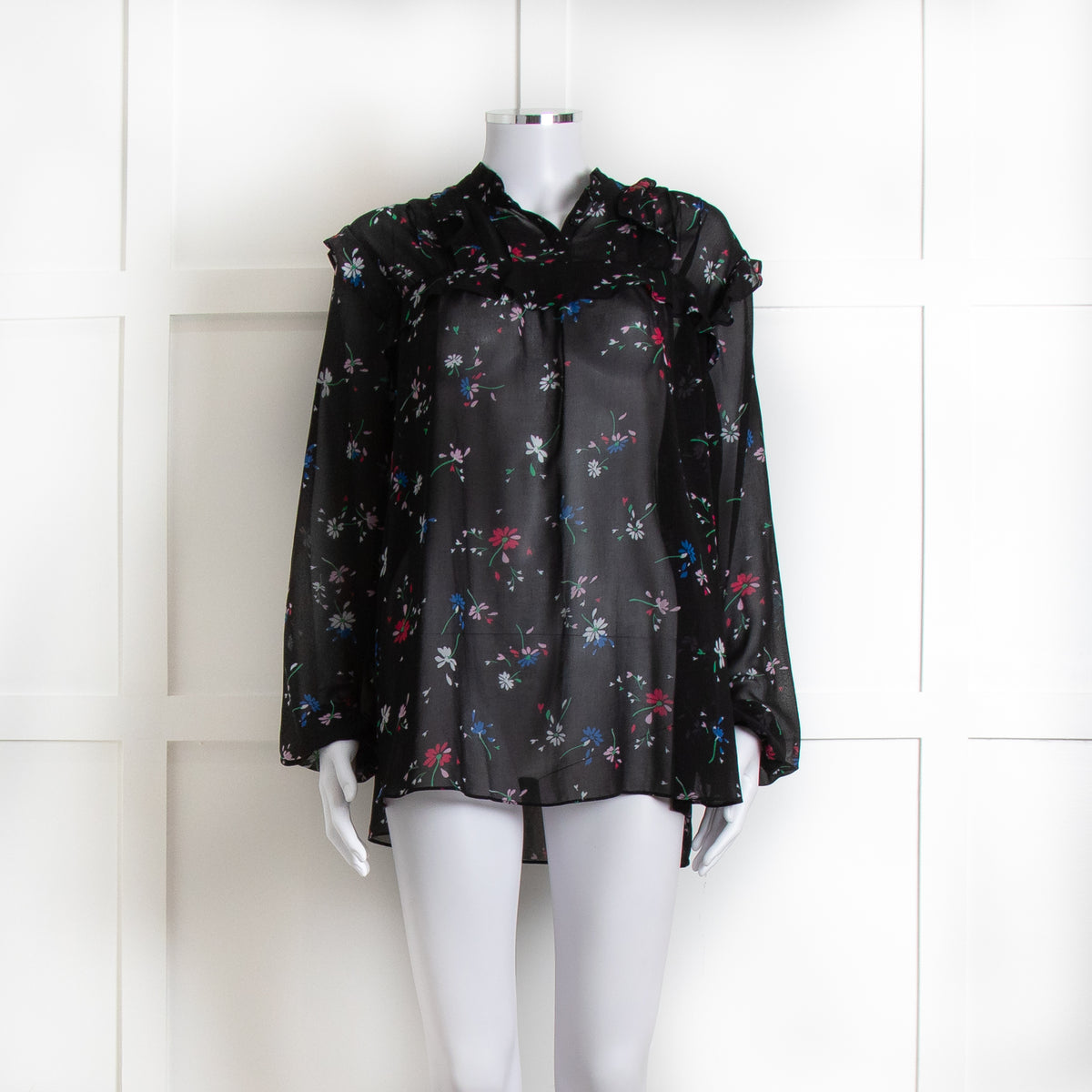 Maje Black Red White Floral Frill Detail Long Sleeve Top