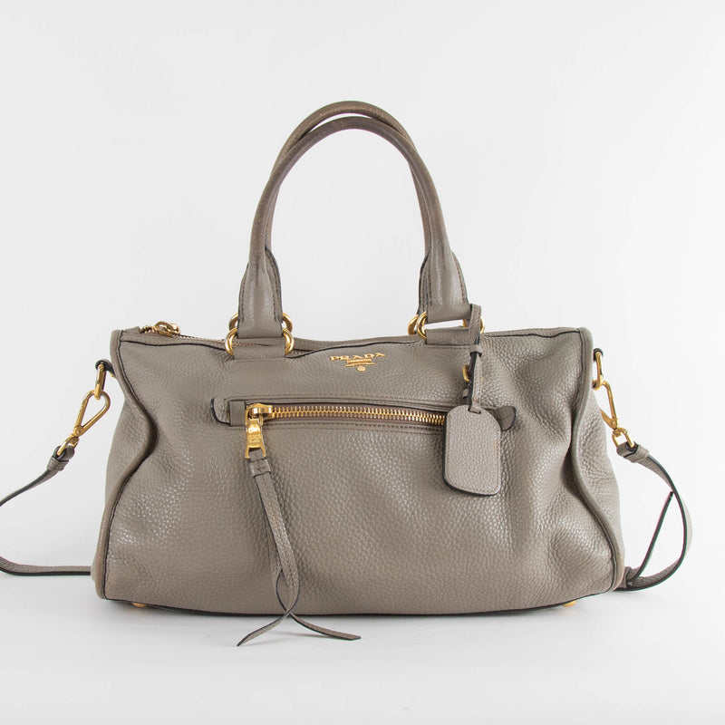 Prada Greige Grained Vitello Daino Top Handle Bag