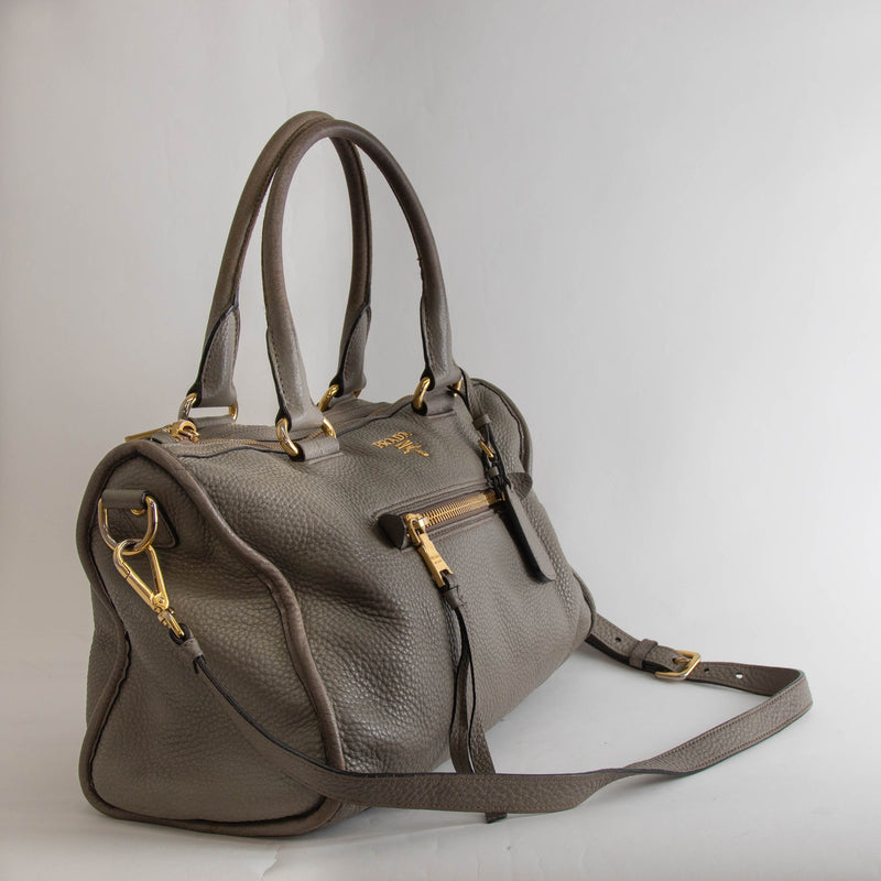Prada Greige Grained Vitello Daino Top Handle Bag