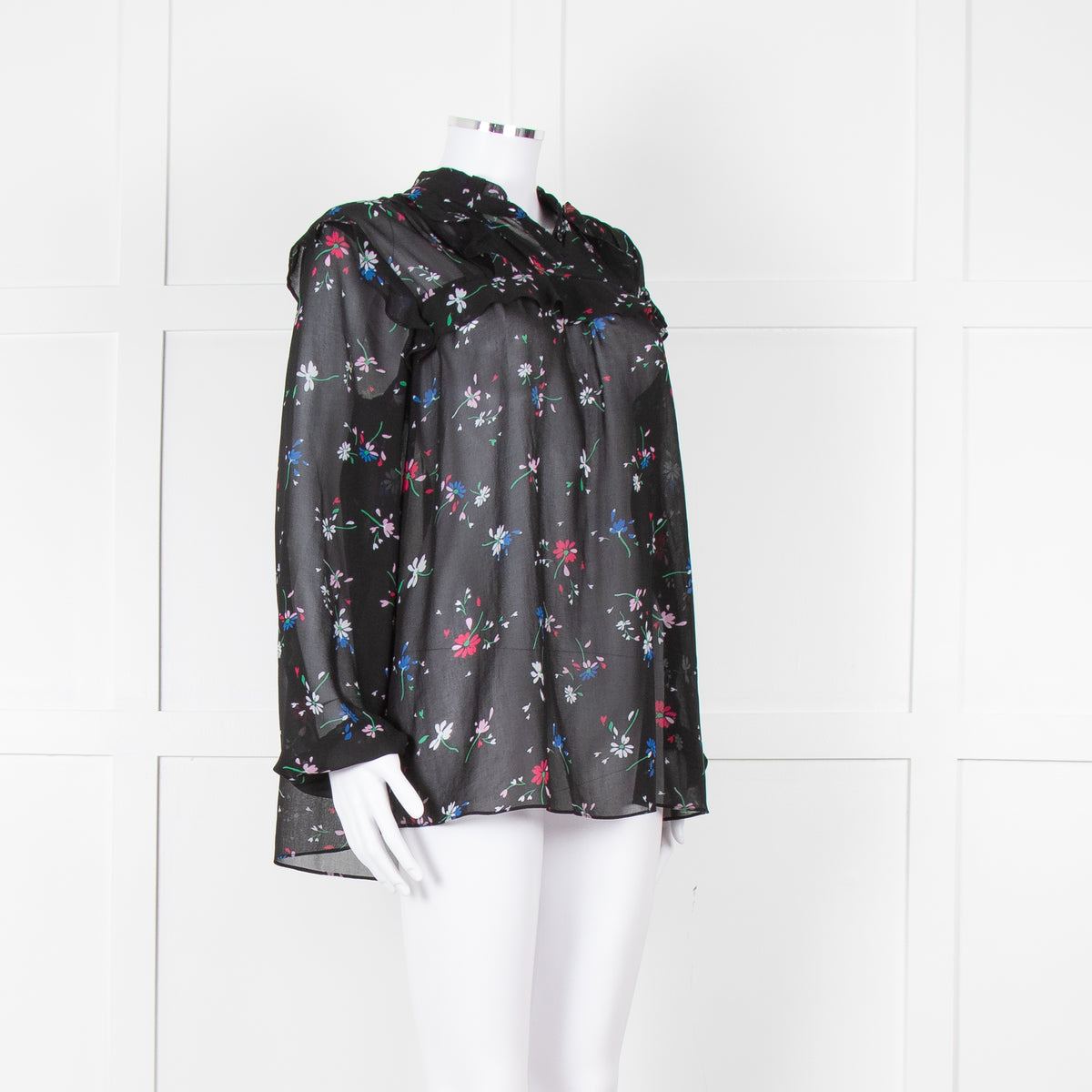 Maje Black Red White Floral Frill Detail Long Sleeve Top
