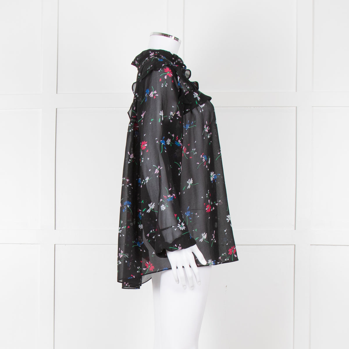 Maje Black Red White Floral Frill Detail Long Sleeve Top