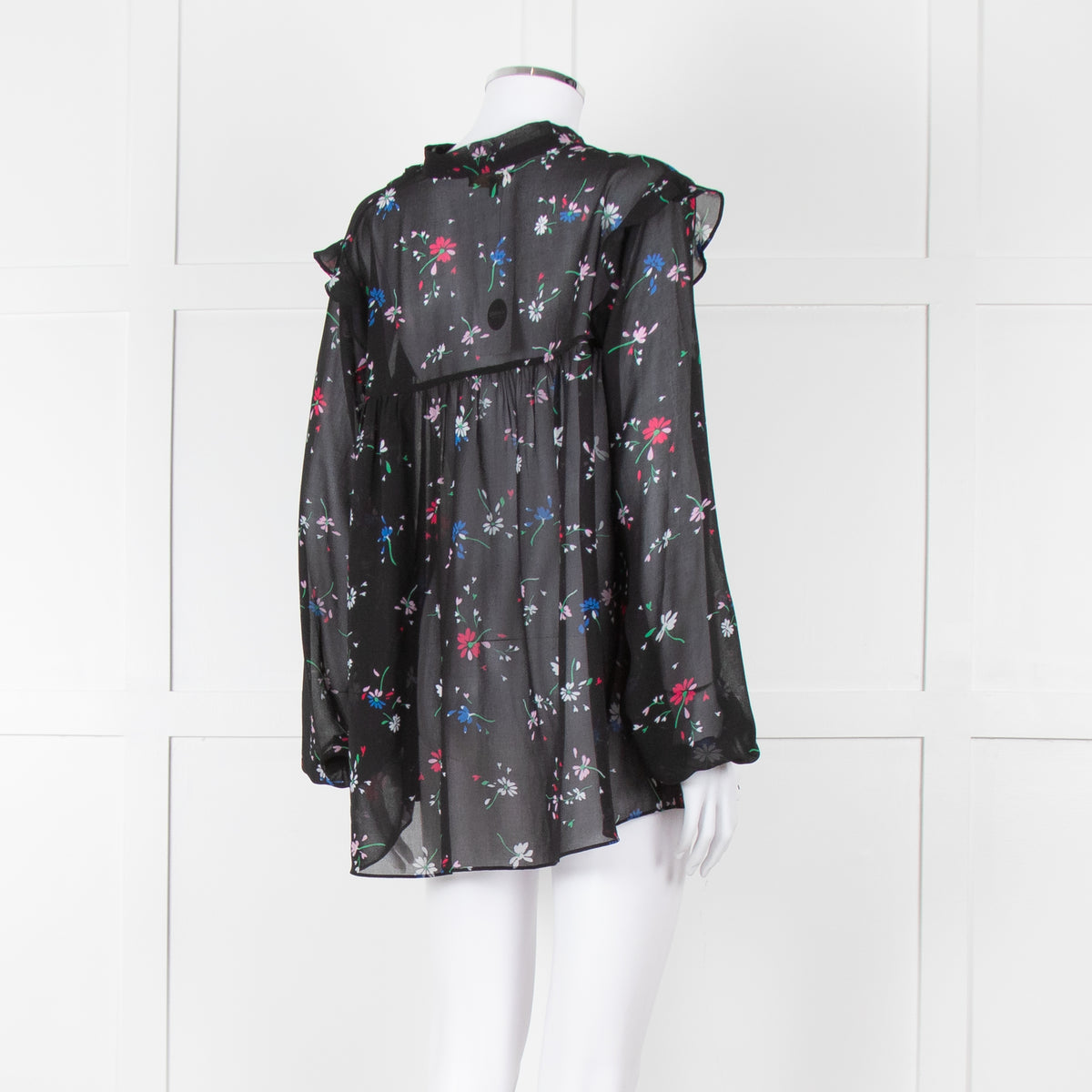 Maje Black Red White Floral Frill Detail Long Sleeve Top