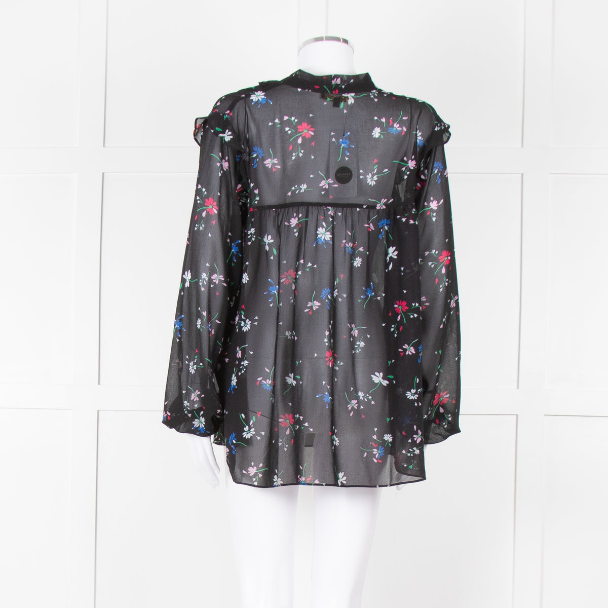 Maje Black Red White Floral Frill Detail Long Sleeve Top