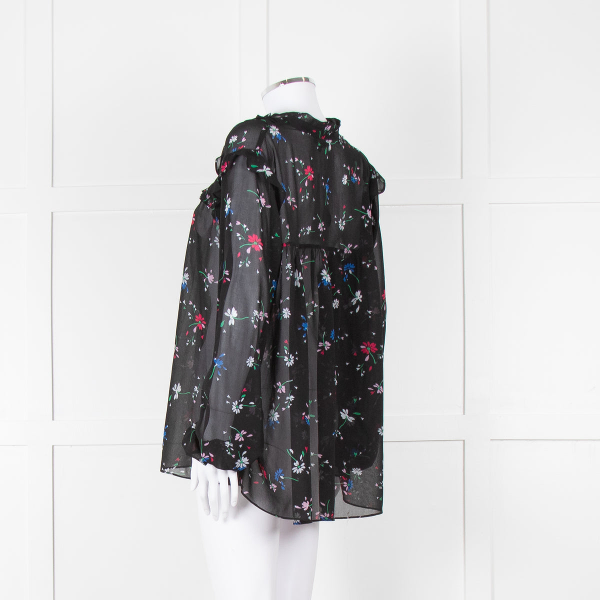 Maje Black Red White Floral Frill Detail Long Sleeve Top