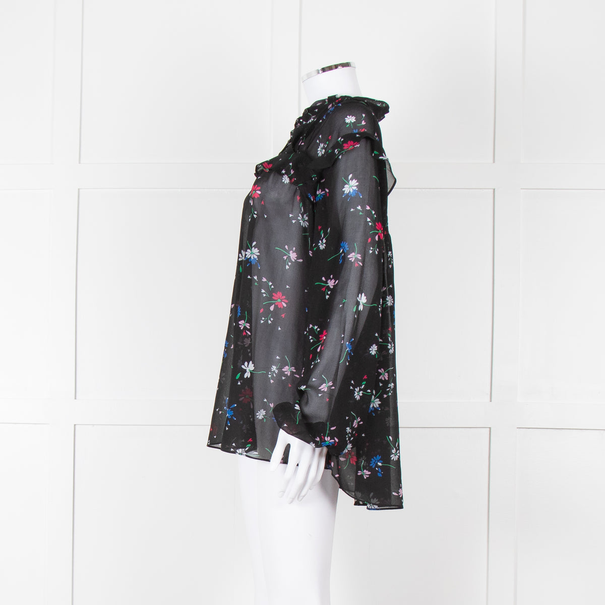 Maje Black Red White Floral Frill Detail Long Sleeve Top
