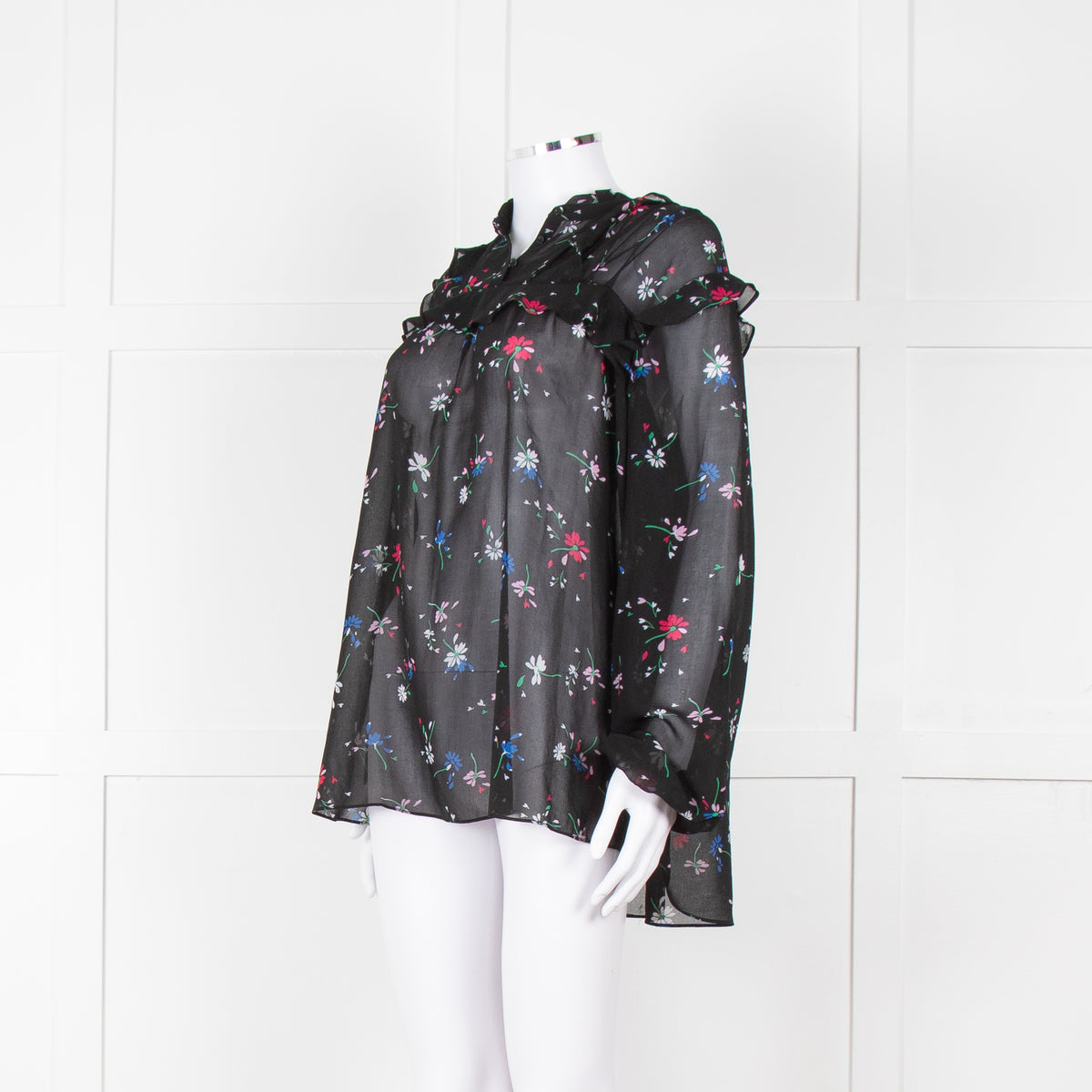 Maje Black Red White Floral Frill Detail Long Sleeve Top
